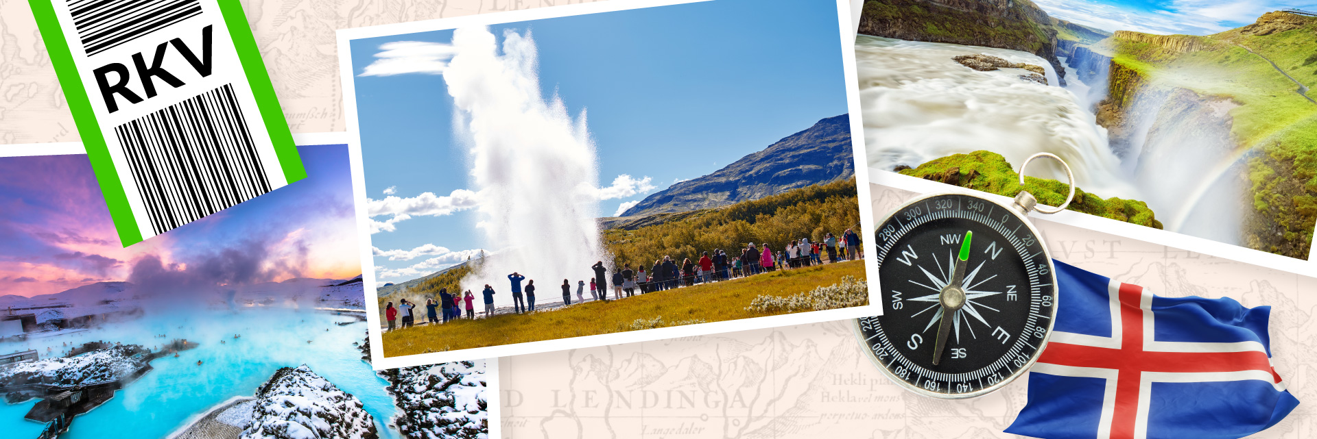 Iceland: Between Ice and Fire header image with a picture of the blue lagoon and Strokkur Geyser